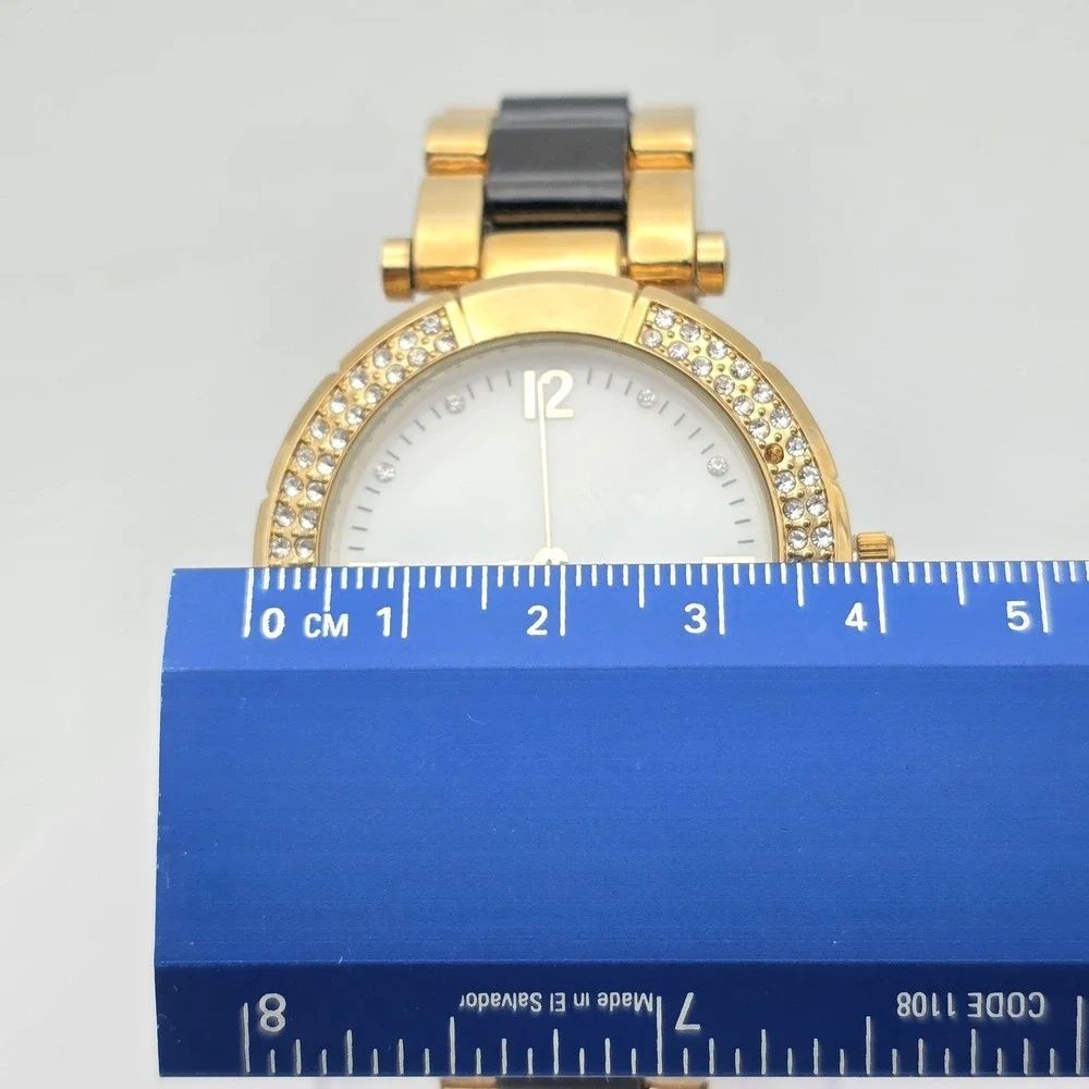 New‎ CHICO'S Ladies Watch Mother of Pearl CZ Encrusted Black Gold Tone Band